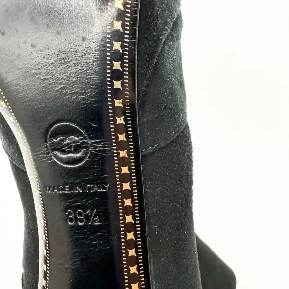 Chanel CC Cap Toe Black Suede Leather Ankle Boots Heels EU 39.5